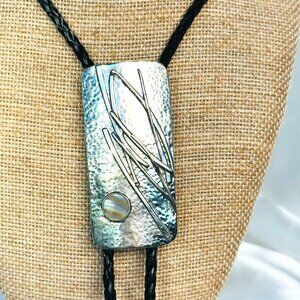 Vintage Sterling Silver Bolo Tie - Mother of Pearl Inlay with Braided Leather